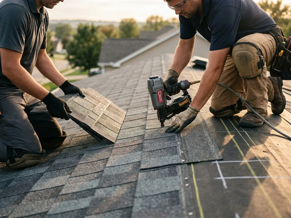 Professional roofer working on a residential roof in Indiana